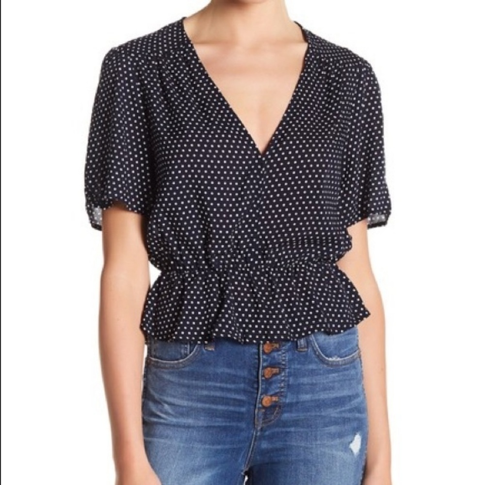 NWOT Elodie Blue Polka Dot Peplum Top
